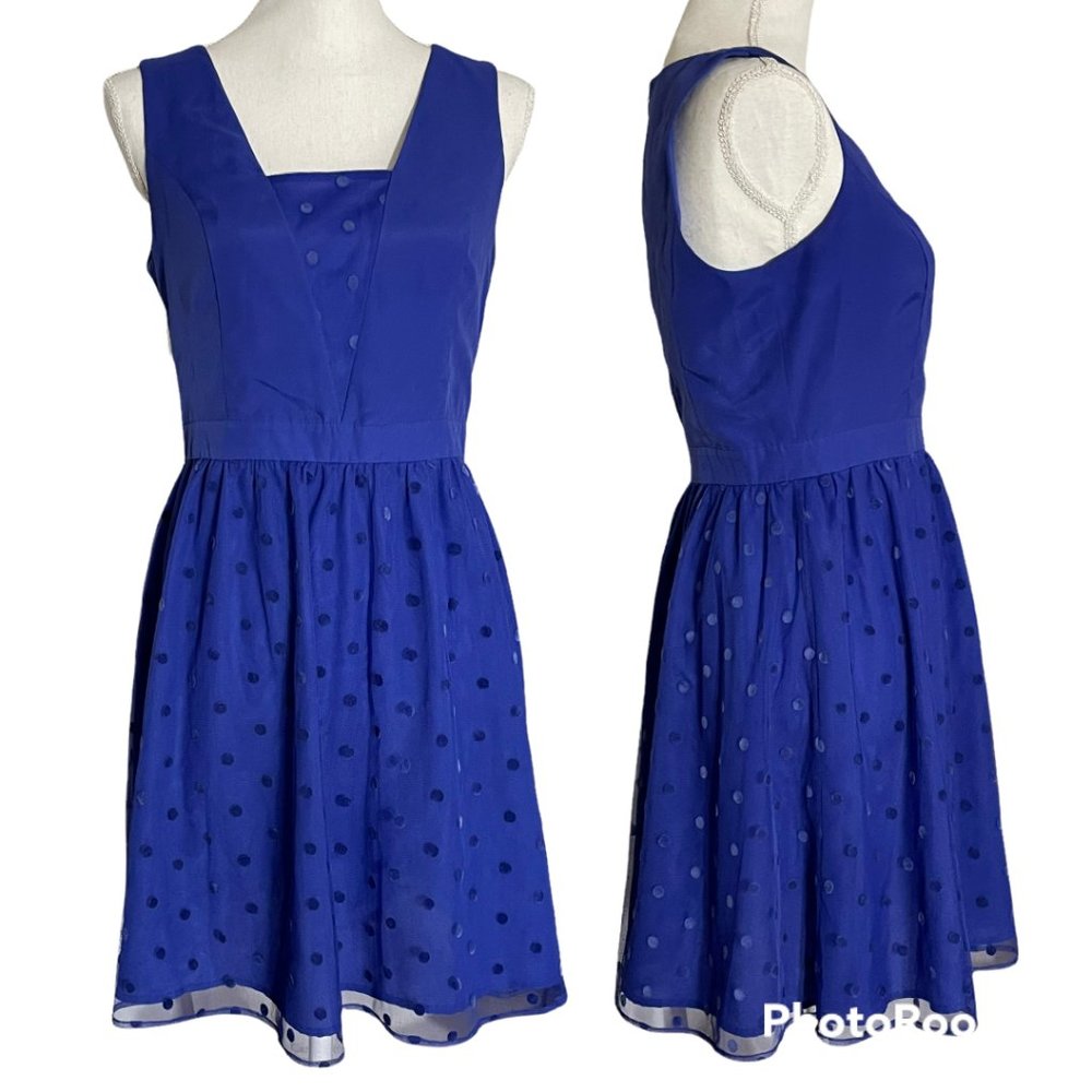 Flocked Dot Cobalt A-Line Dress EUC L Blue Jewel Tone Sapphire Sleeveless